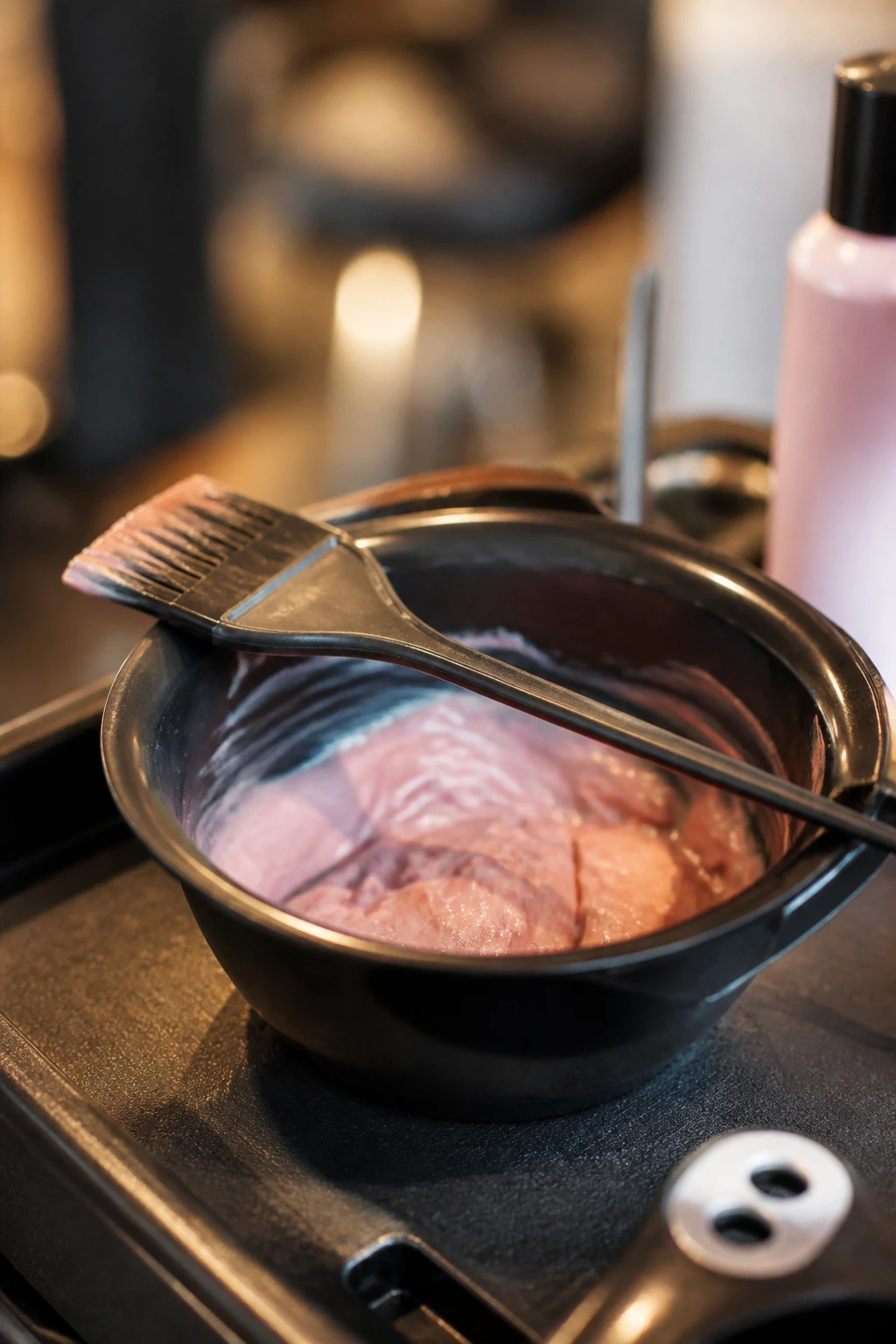 Close-up of color bowl and tint brush in a salon setting ready for ombre application