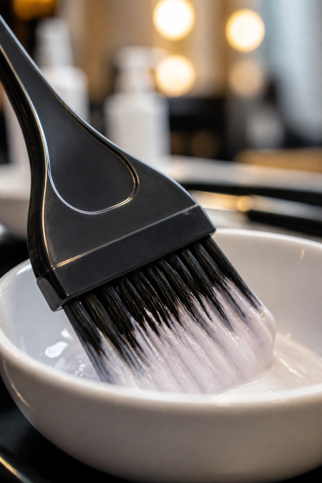 Close-up of a color brush and bowl used for ombre blending