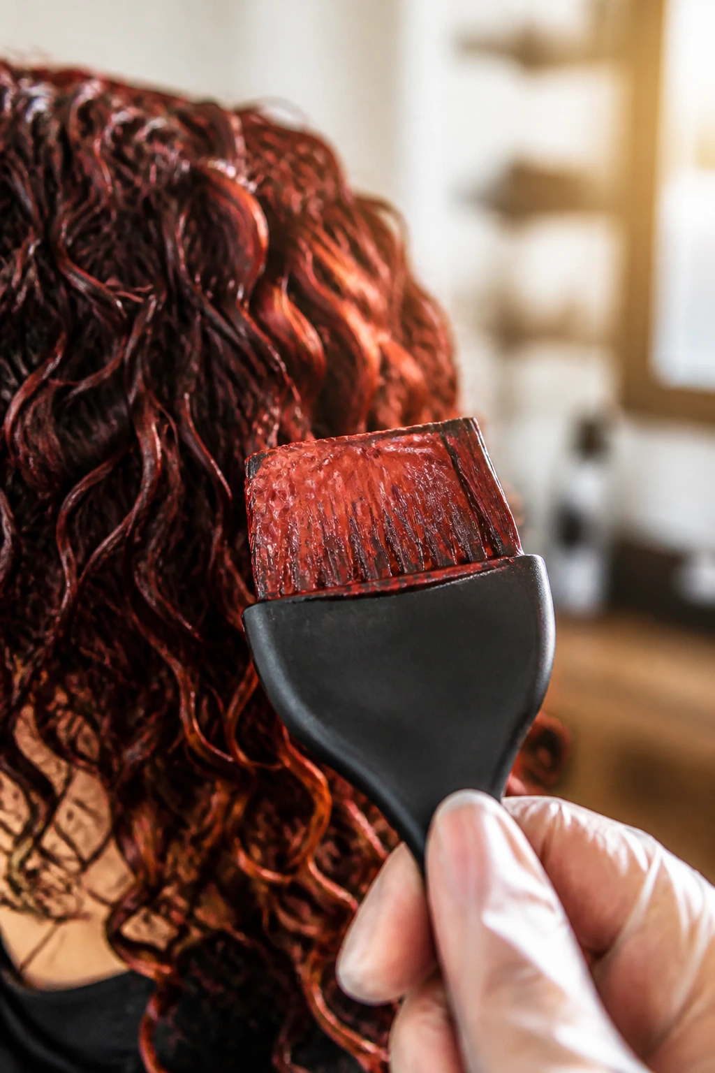 Close-up of a color brush with red pigment in a salon.