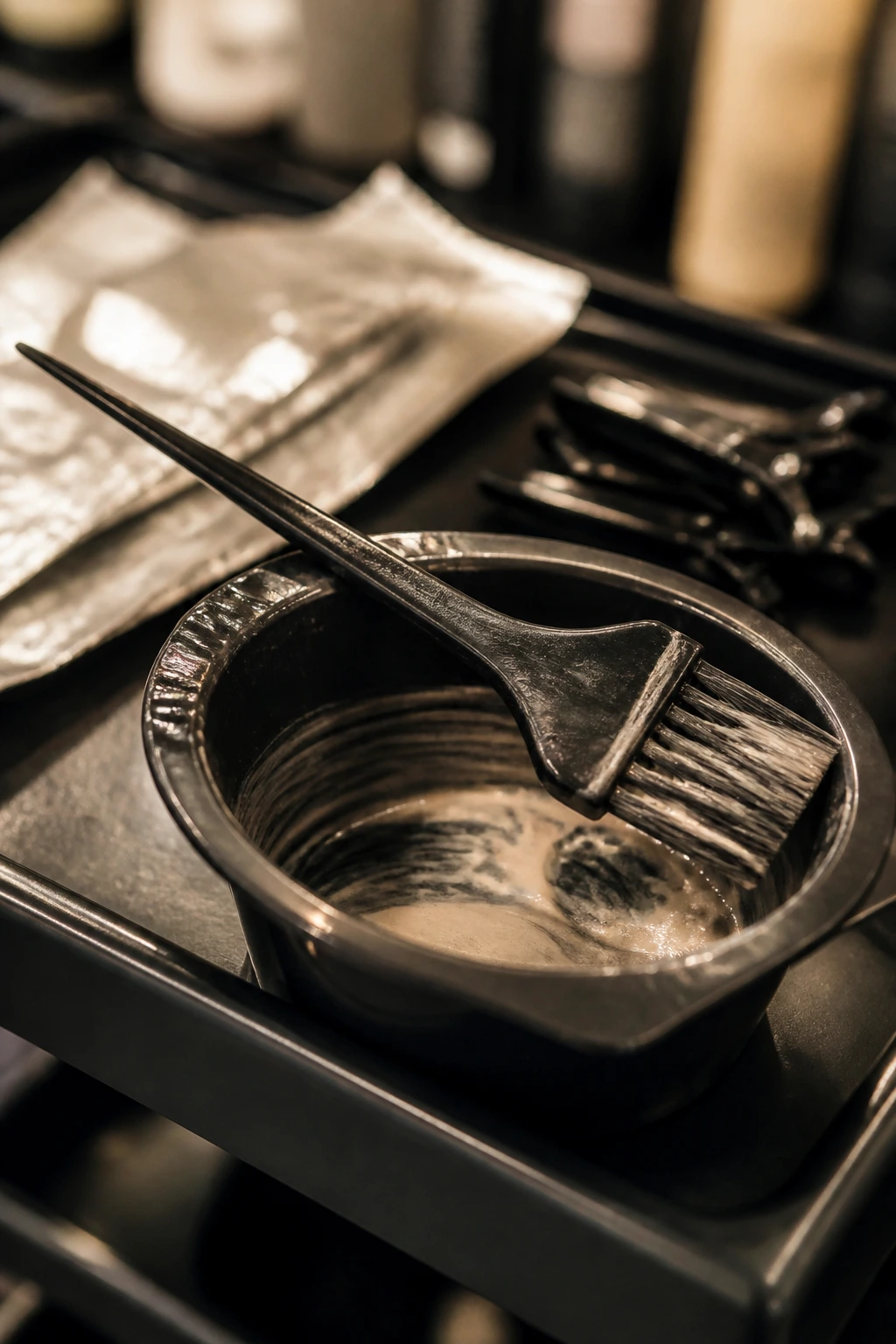 Close-up of color brush on a tint bowl at a salon station