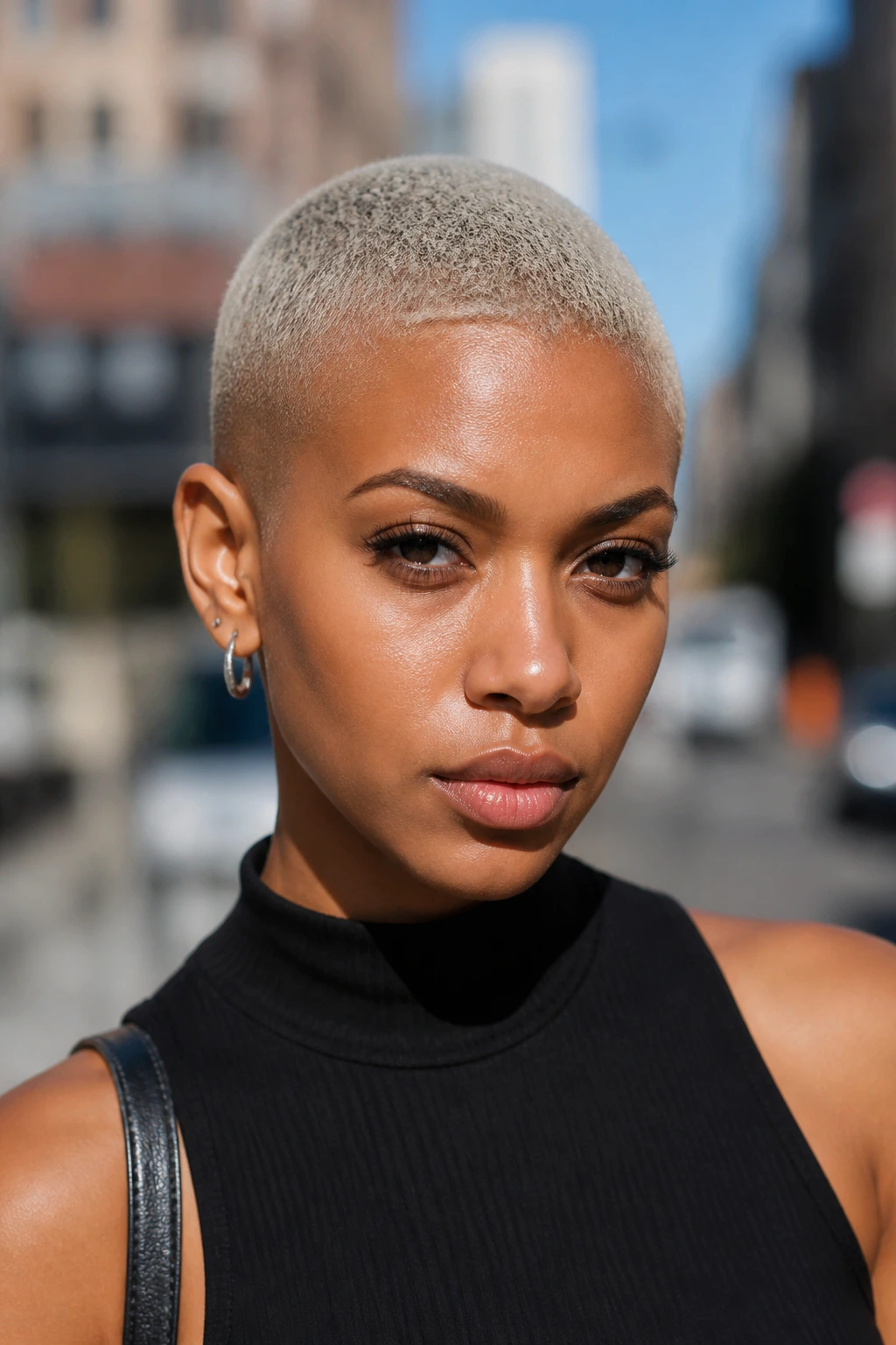 Close-up portrait of a Black woman with a platinum buzz cut