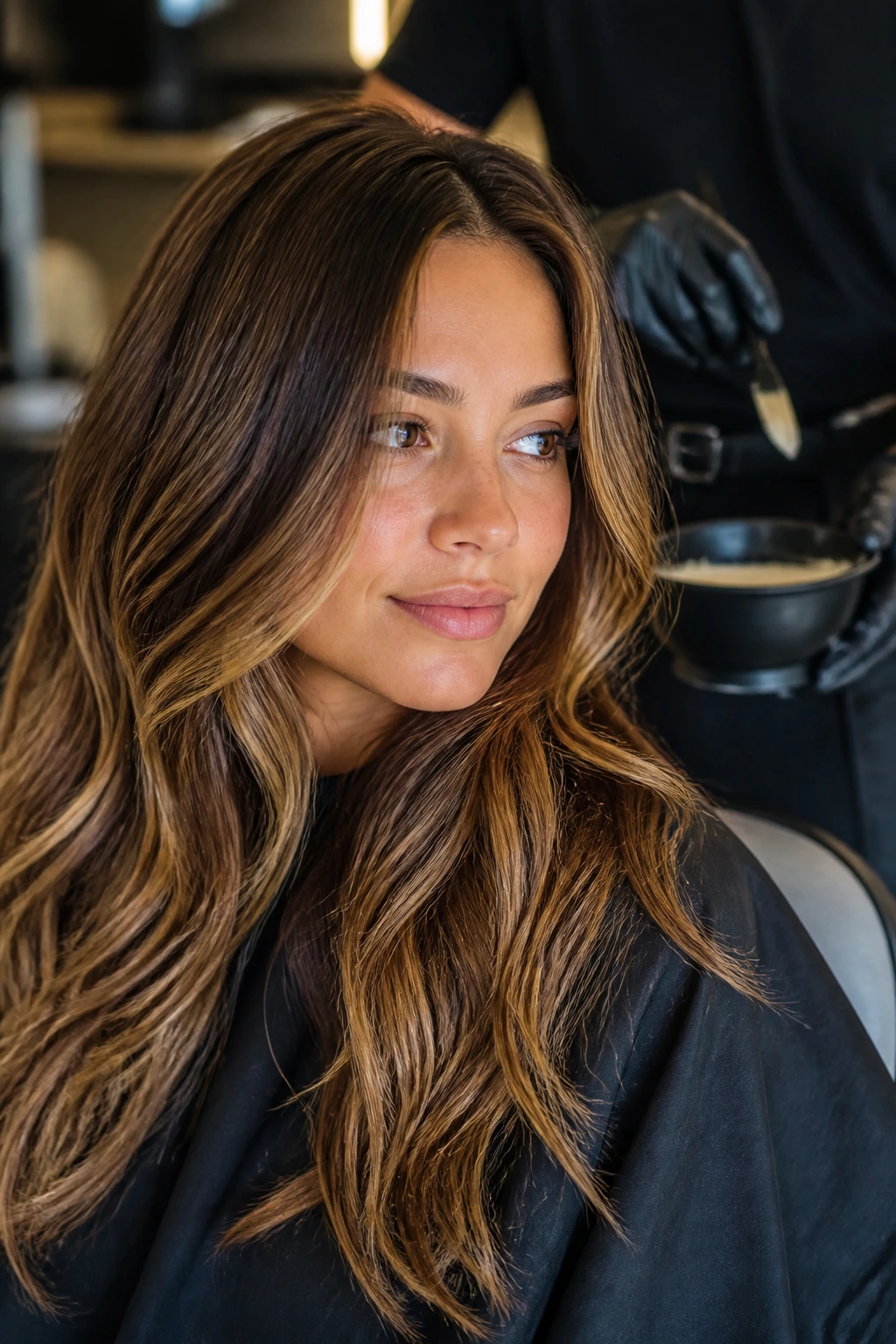 Real person in a salon chair with mixing bowl in background ready for color