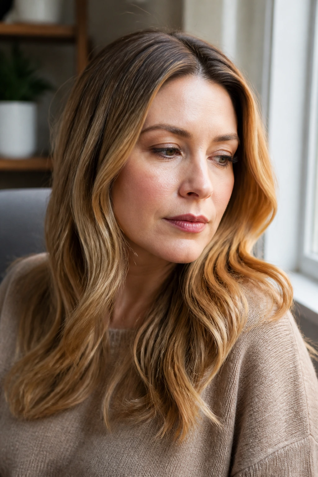 Close-up portrait of a real woman with caramel beige hair under daylight