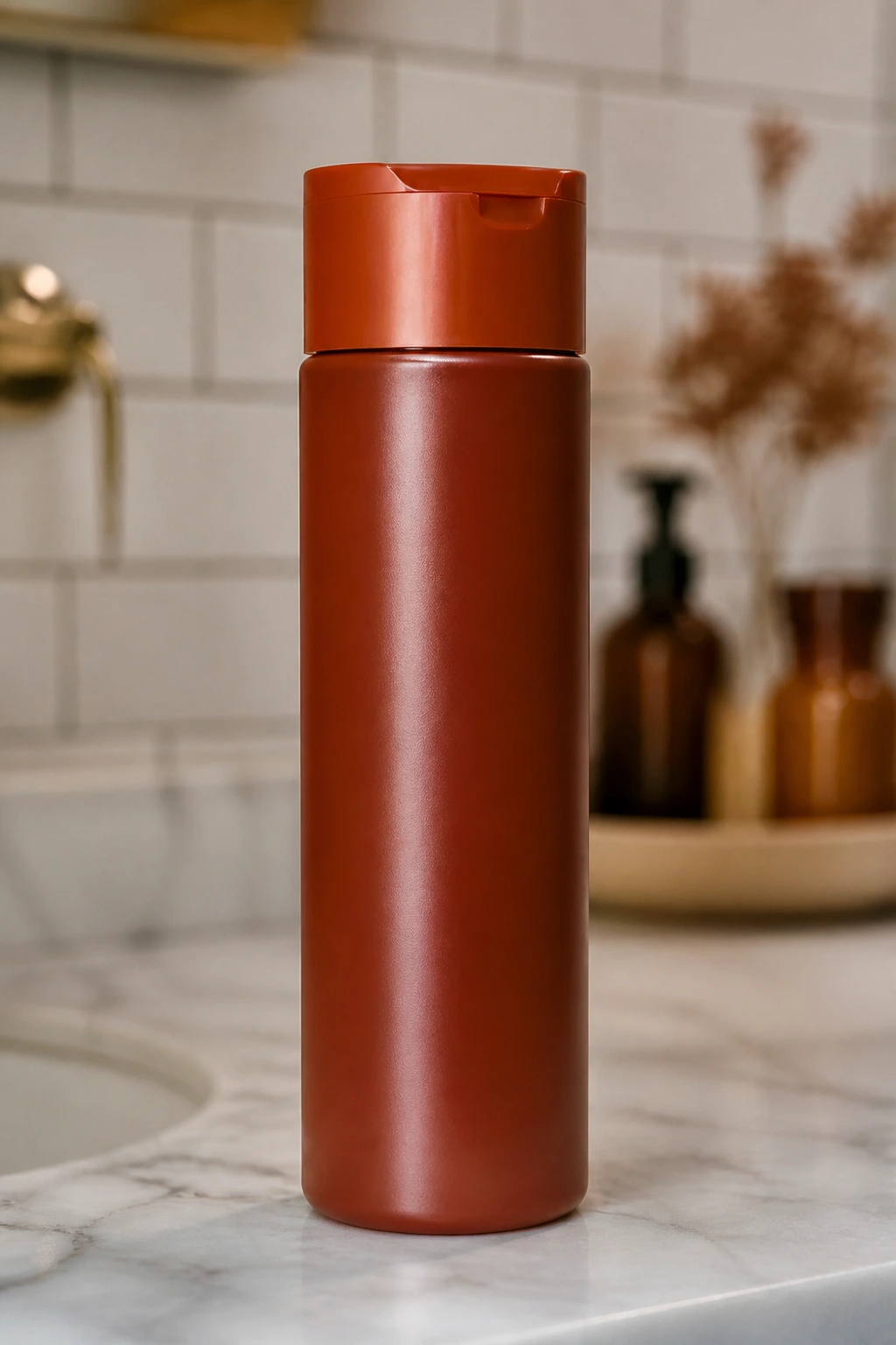 Close-up of color-depositing conditioner bottle on bathroom counter