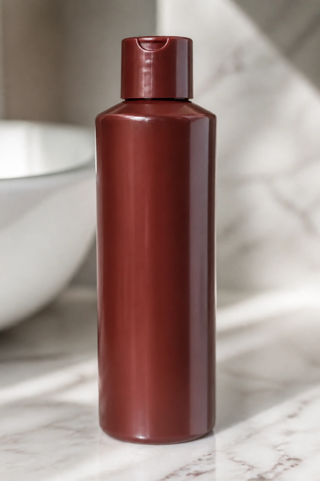 Close-up of a plain color-depositing conditioner bottle on a bathroom counter