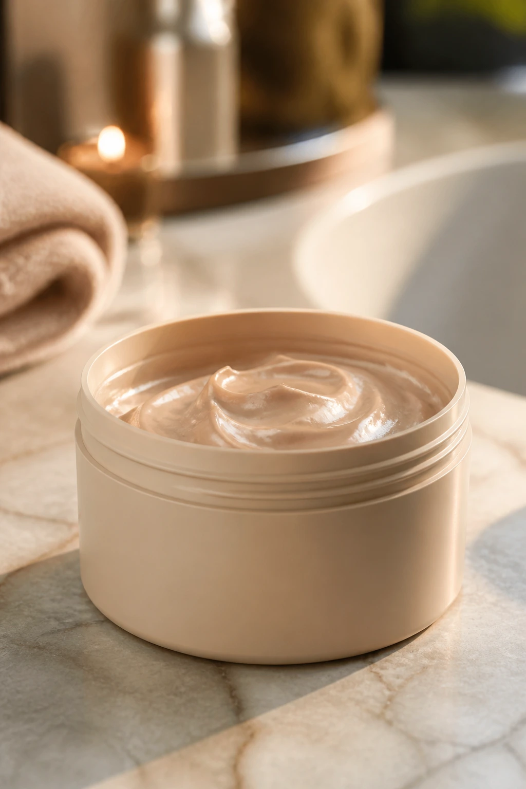 Beige color-depositing mask jar on a soft-lit vanity