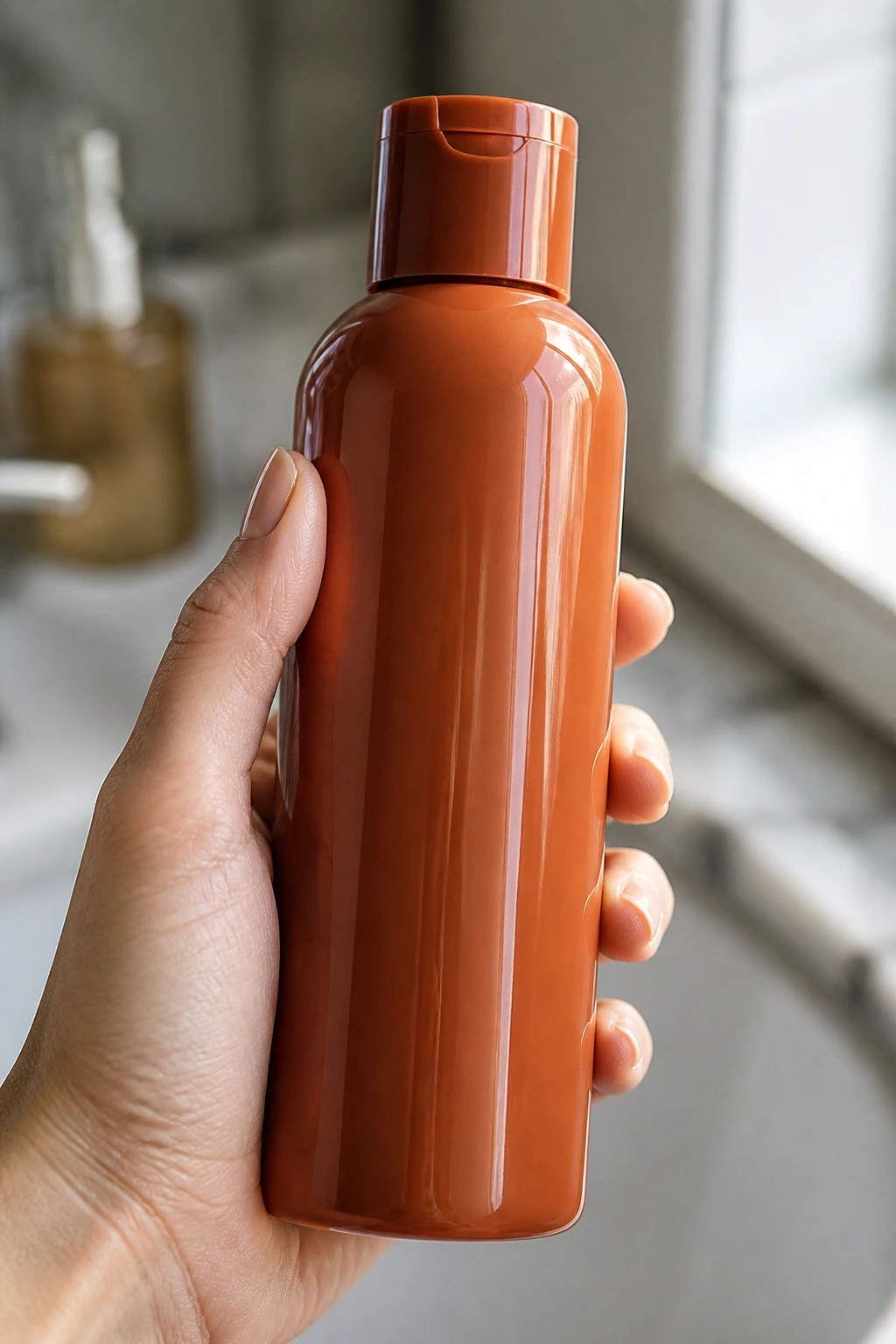 Close-up of a label-free color-depositing conditioner bottle in a bathroom setting