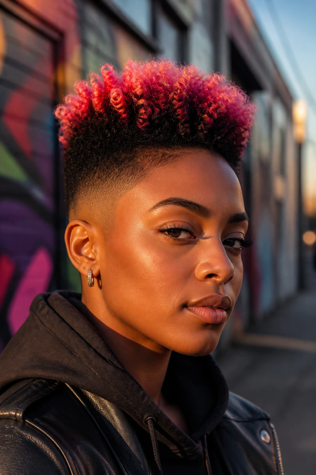 Close-up portrait of a real Black woman with color-dipped high top fade