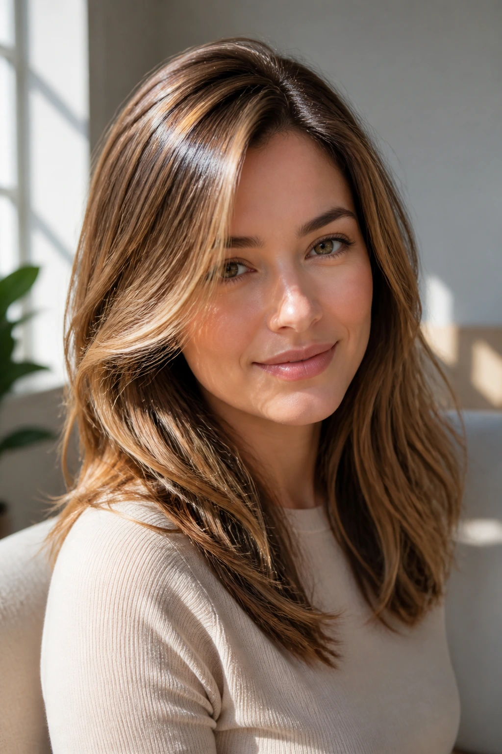 Portrait of a real woman with glossy fresh hair color in a sunlit room
