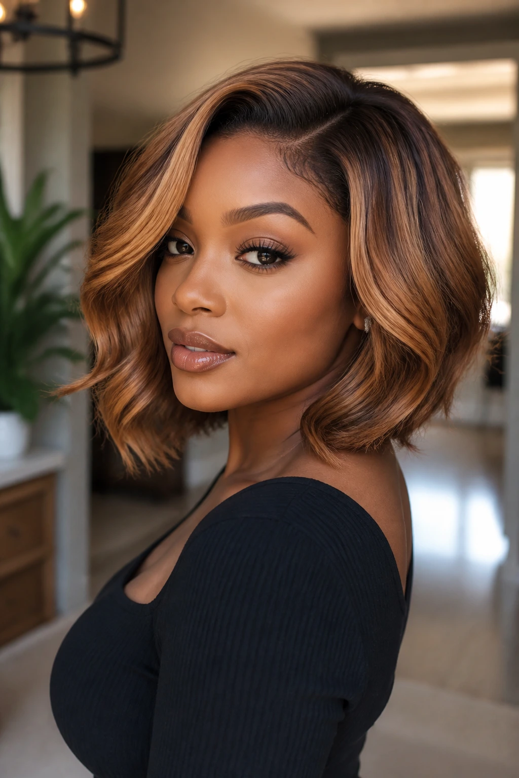 Real person wearing a soft-color bob with caramel highlights and light waves
