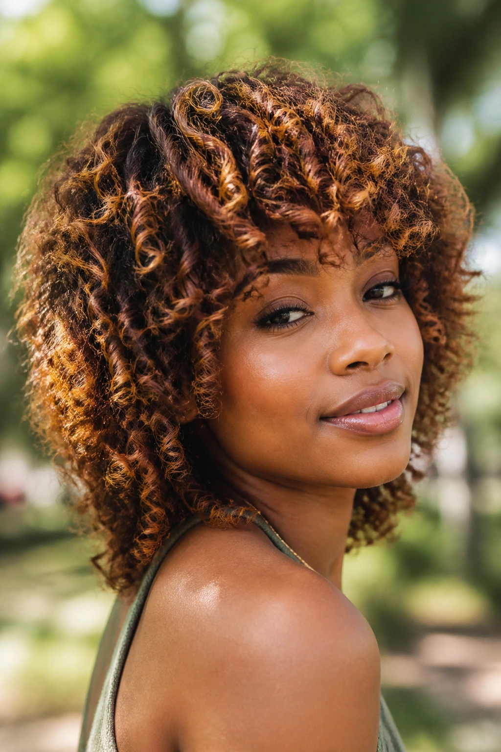 Close-up of color-kissed shag with highlights on real hair
