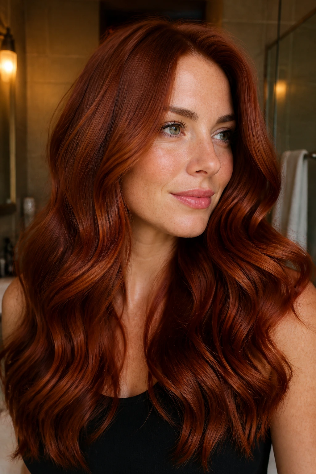 Portrait of a real person with long red hair under warm bathroom light showcasing lasting color
