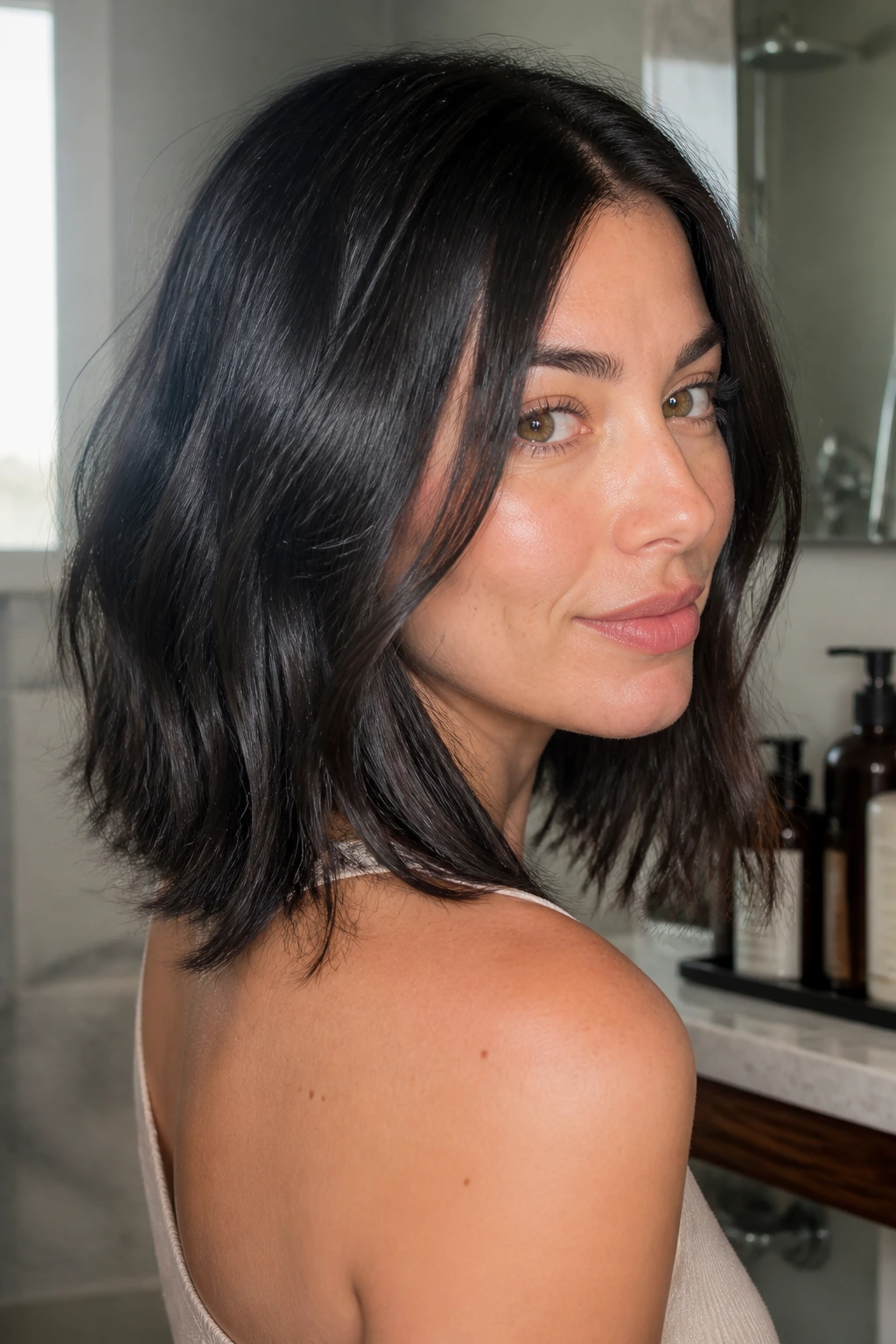 Close-up of shoulder-length black hair showing color longevity and gloss