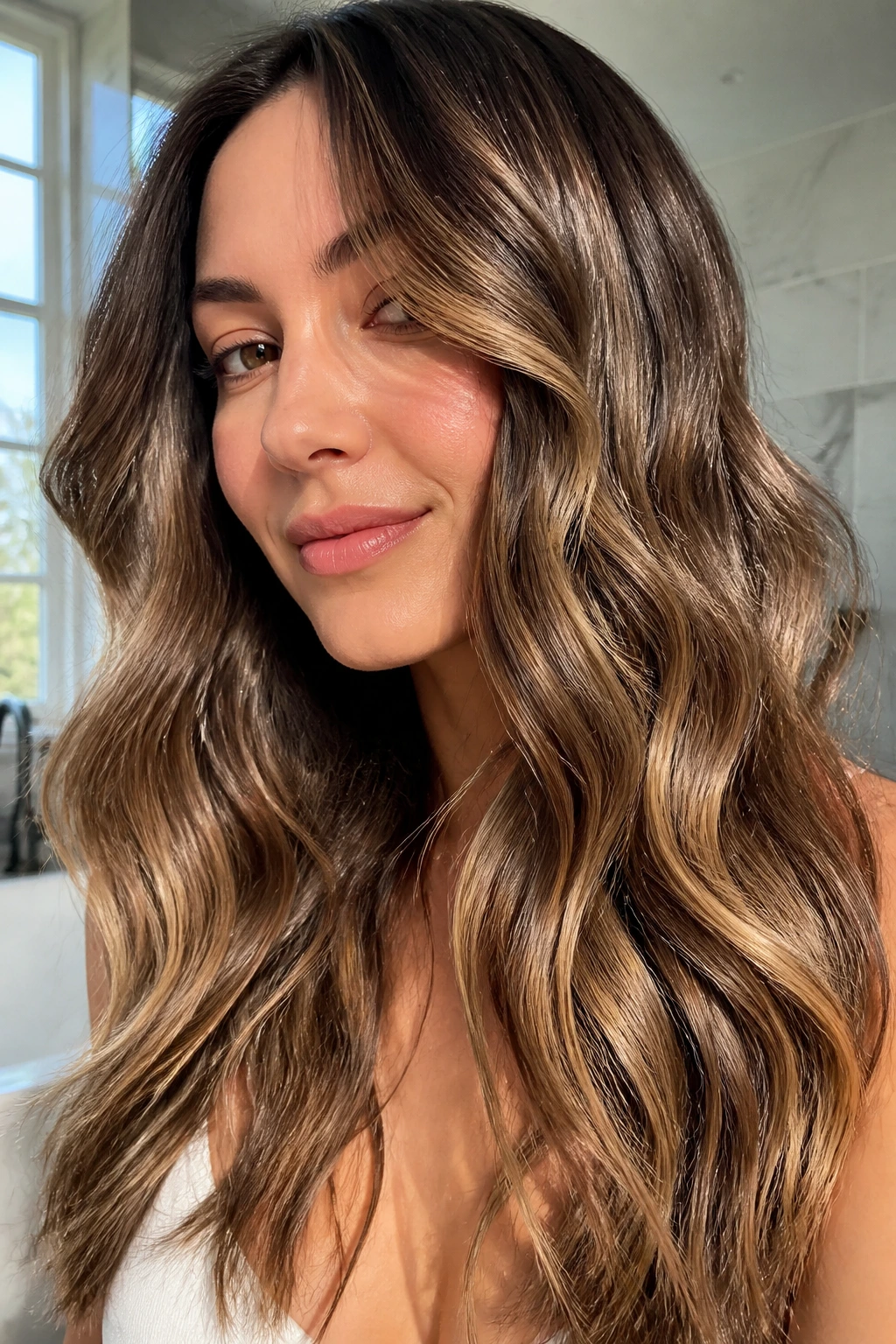 Close-up of healthy, shiny wavy hair with even color