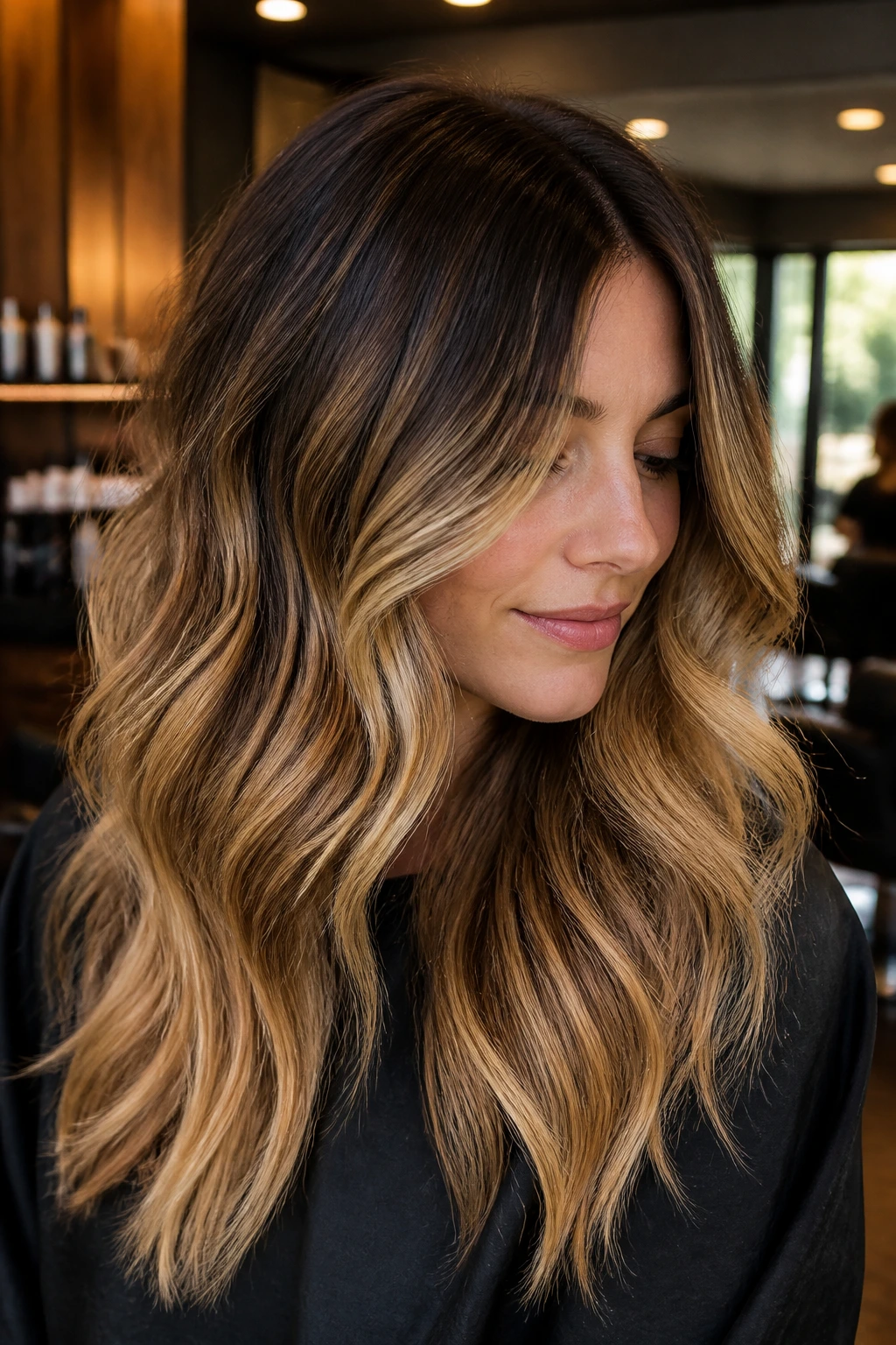 Close-up portrait of color melt ideas hair with soft root shadow, midtone blend, and light ends in a salon setting