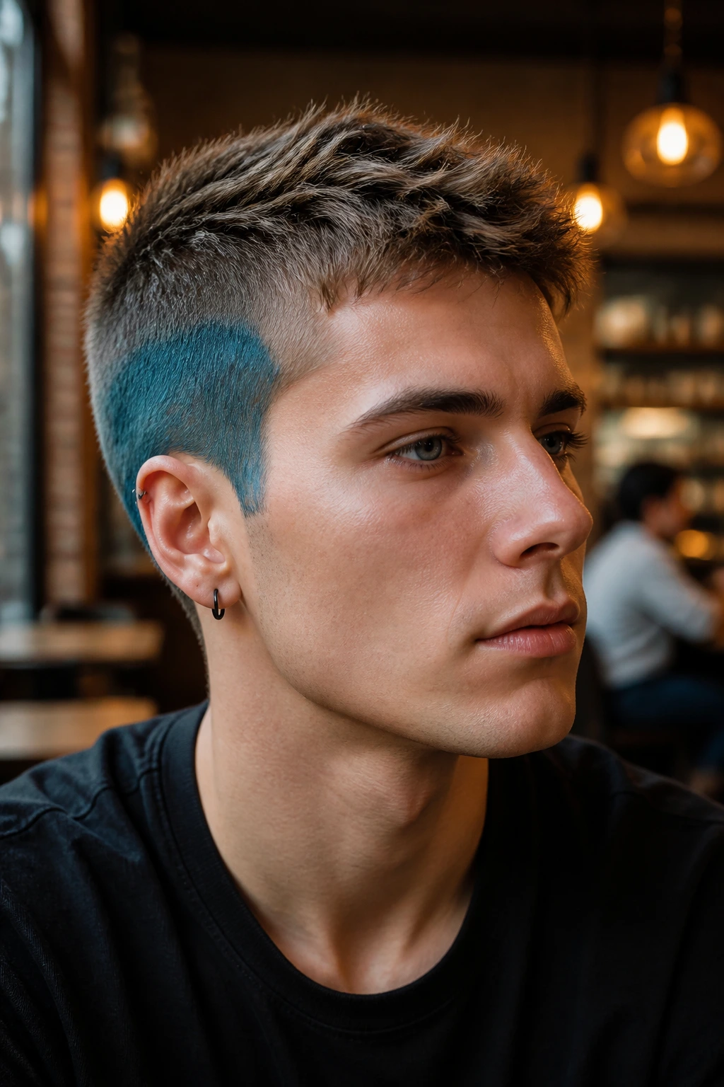 Real person with buzz cut showing color panel on sides in cafe light