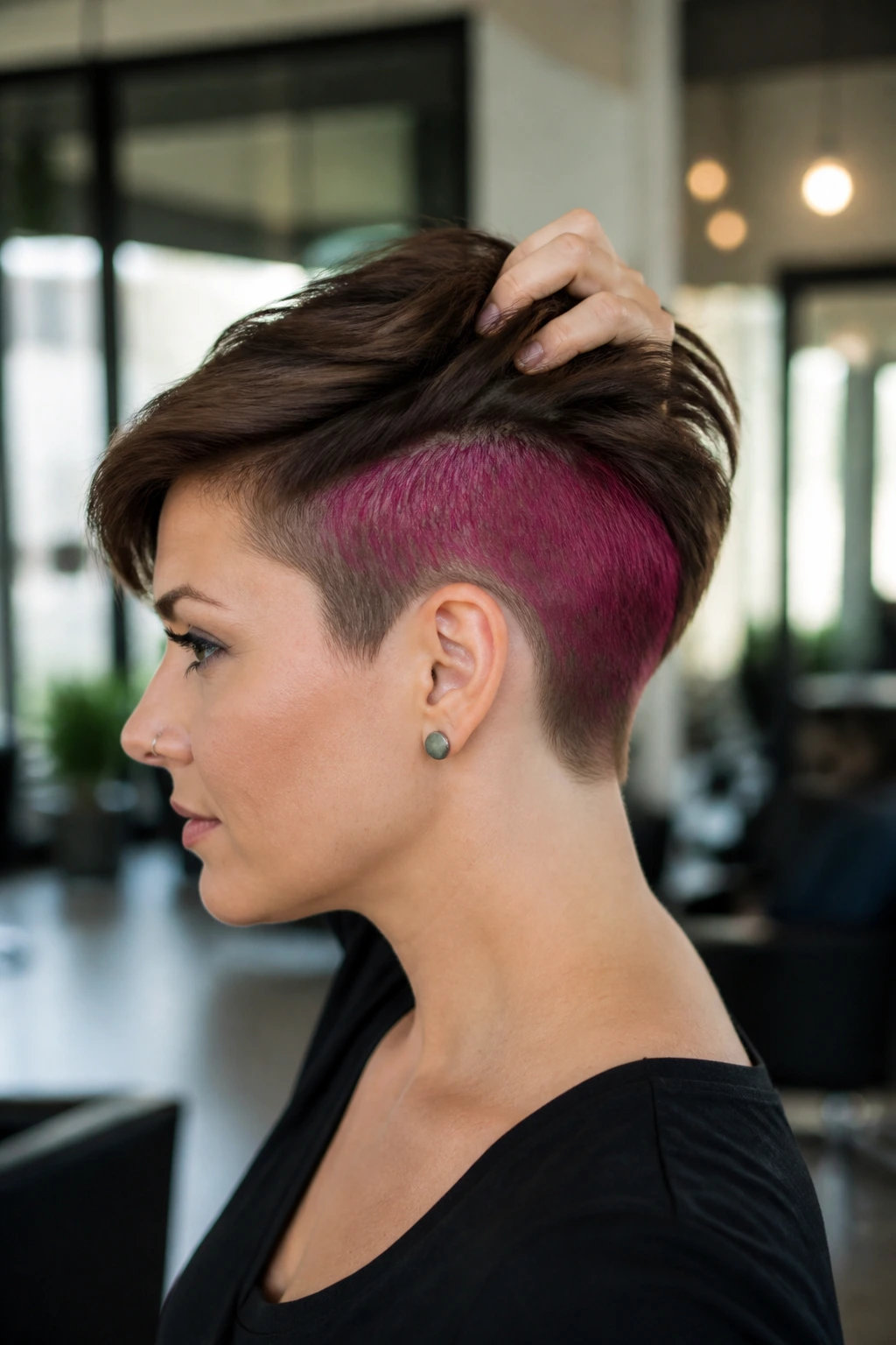 Side profile of a real woman showing a hidden bright color panel undercut
