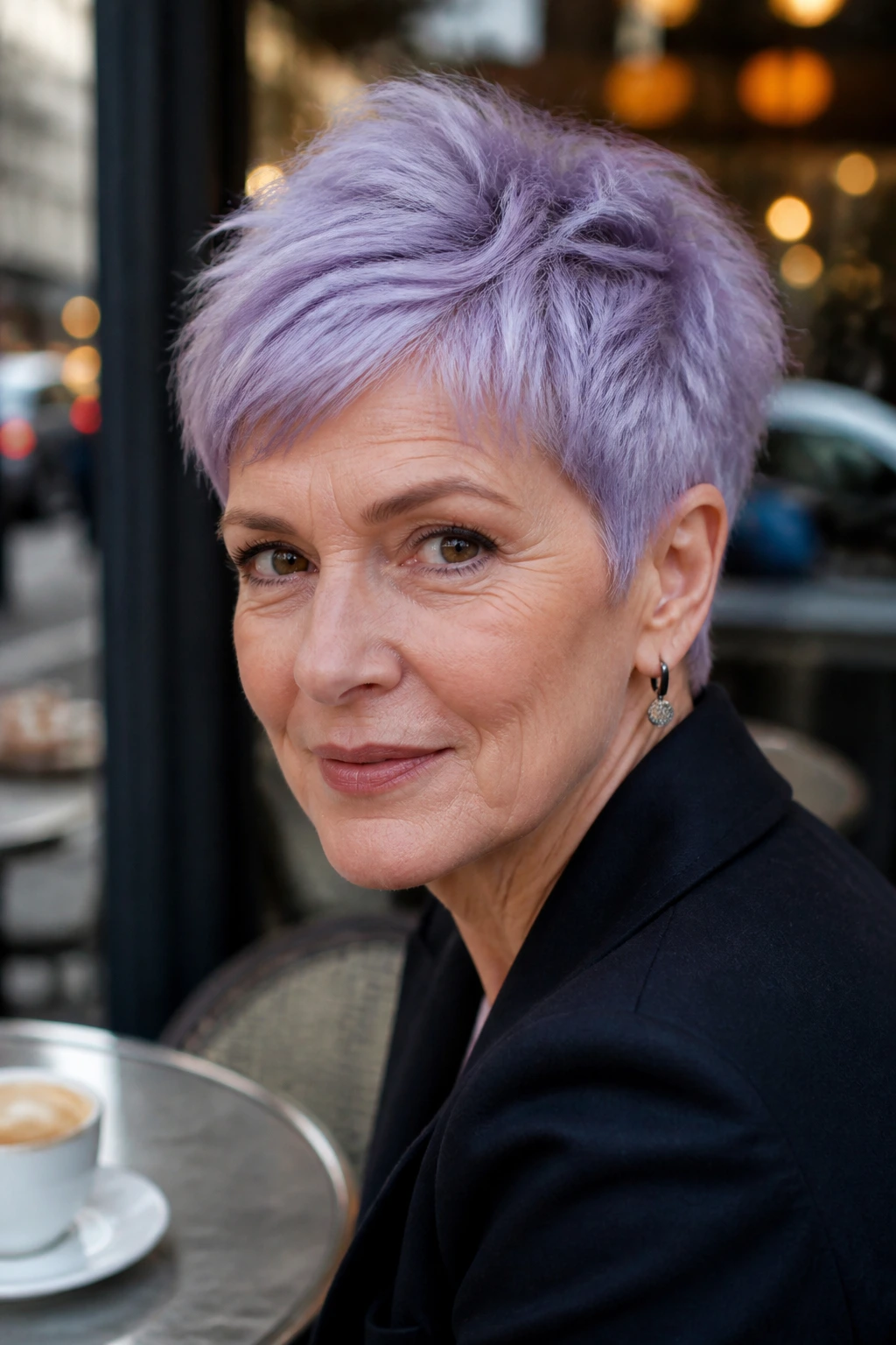 Close-up portrait of a woman with bold color pixie hairstyle outdoors