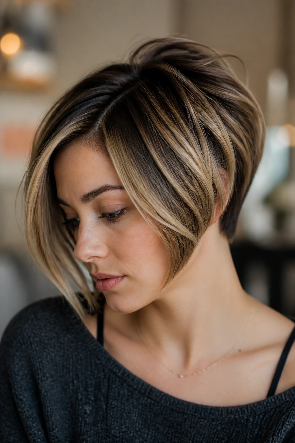 Close-up of short haircut with deliberate color ribbons