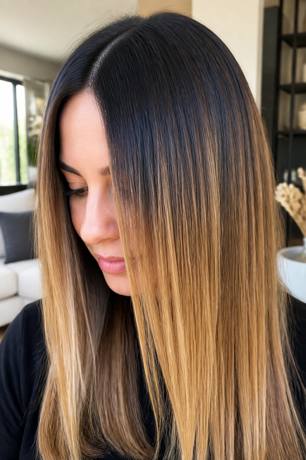 Close-up of a real person with straight hair clearly showing color placement