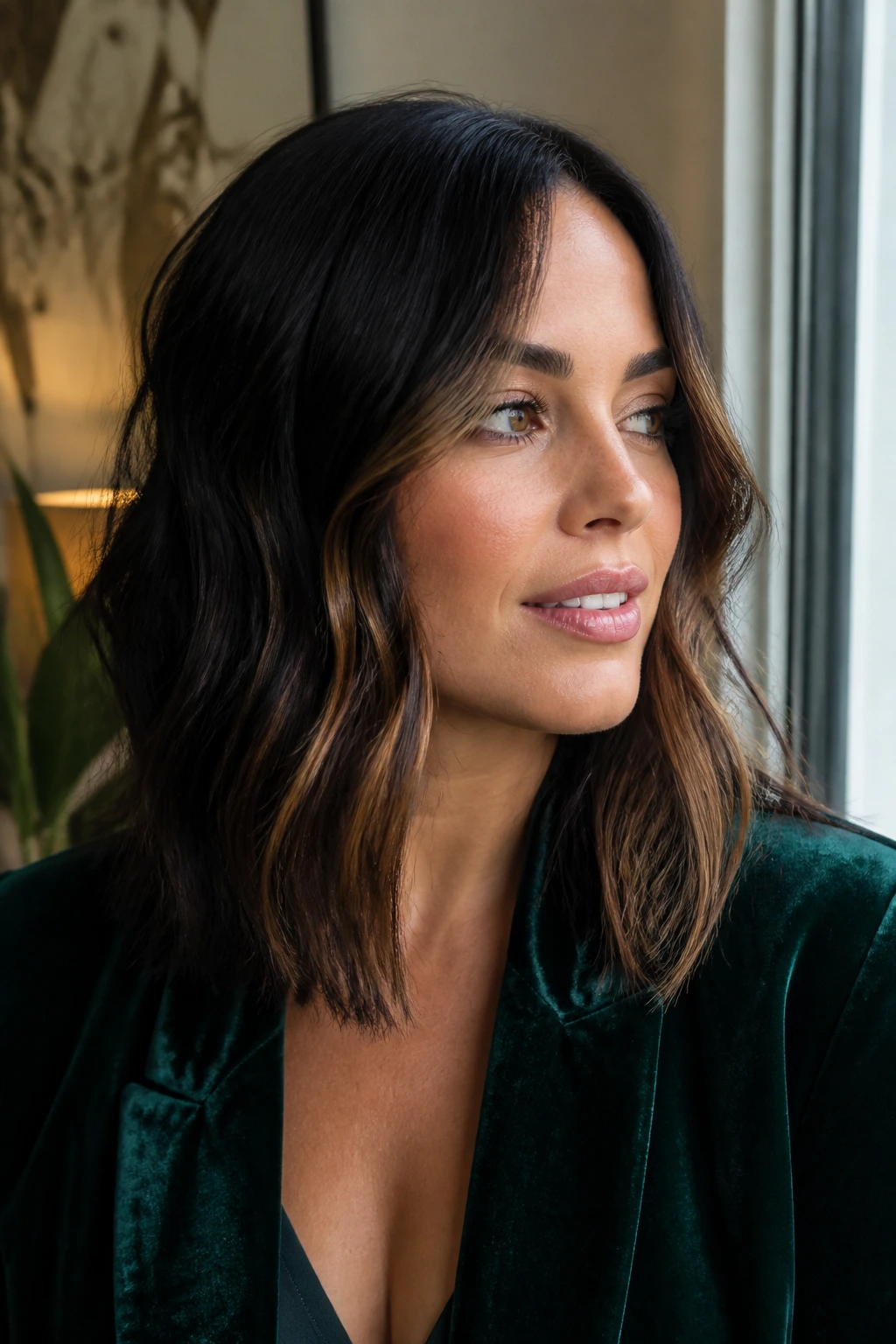 Portrait of a real woman with color placement around face and collarbone