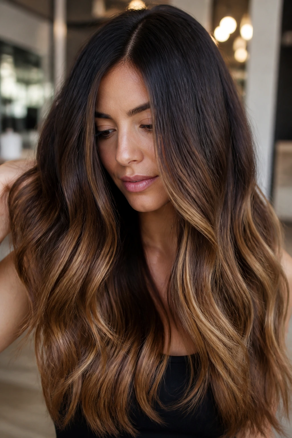 Close-up of long hair with a seamless espresso to caramel gradient