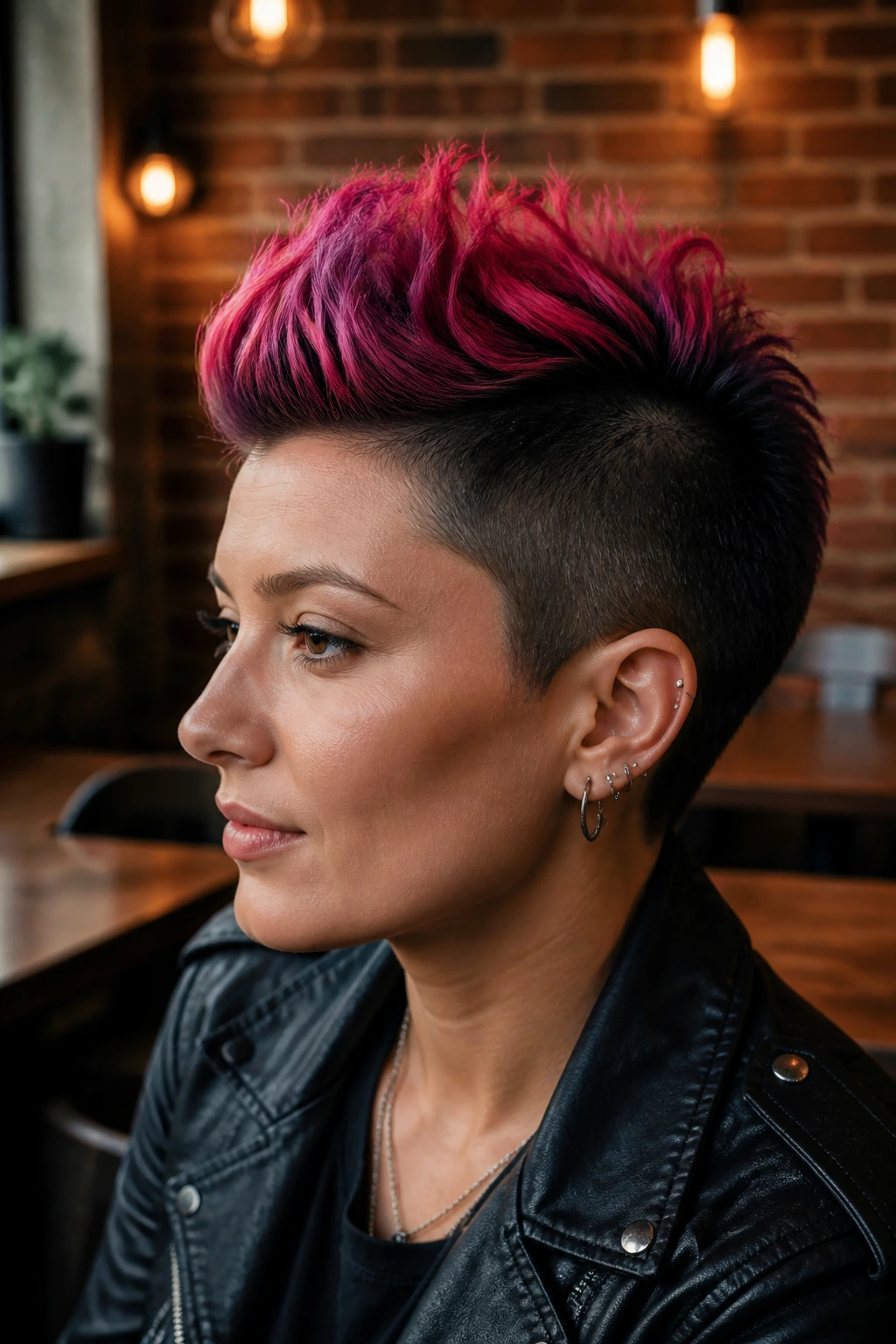 Close-up of a real person with a color-pop faux hawk in a cafe setting