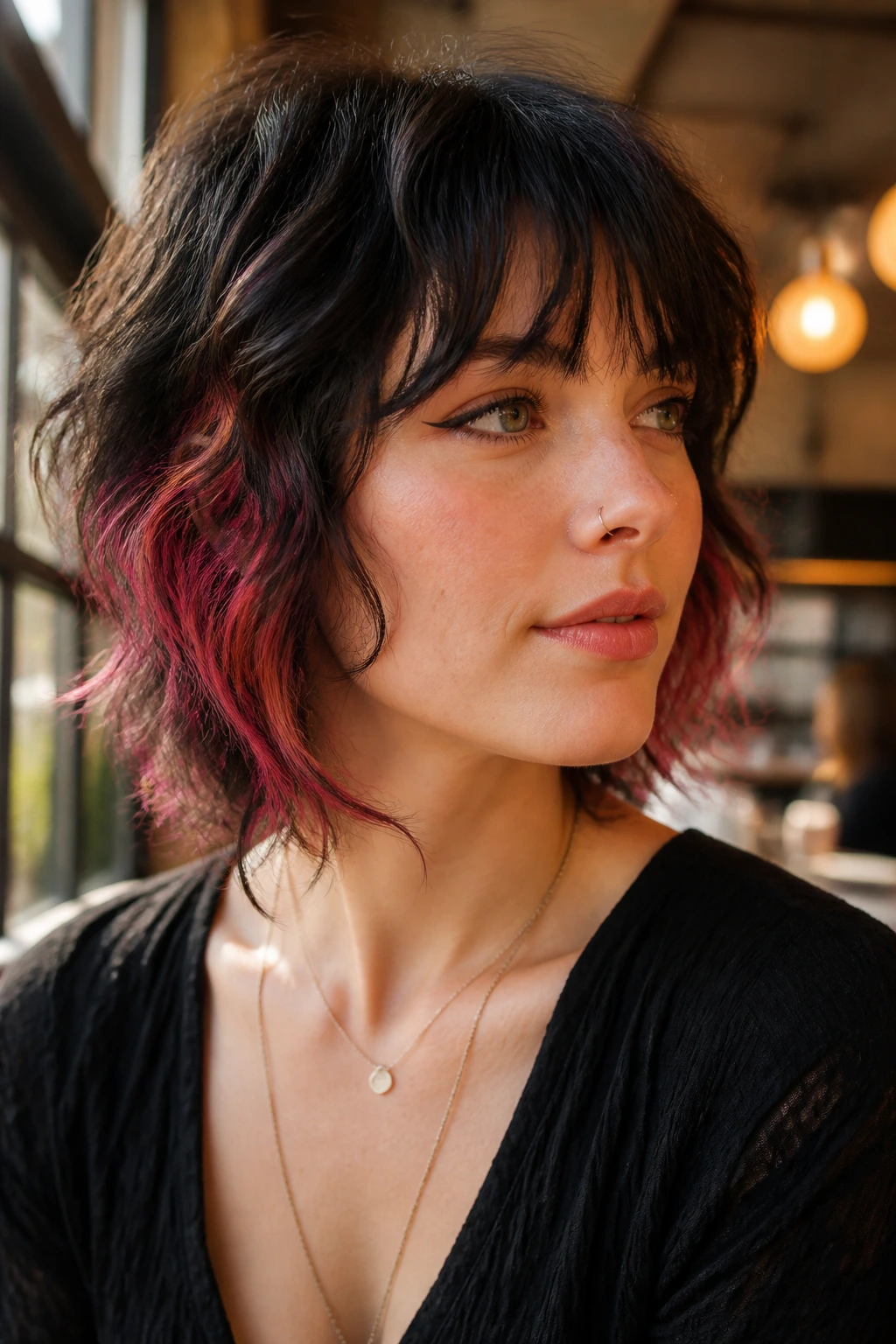Close-up of a real woman with color-pop shag showing peekaboo panels