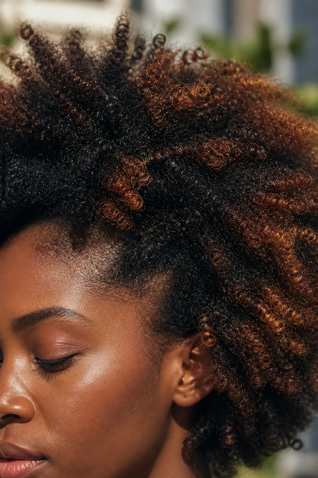 Close-up of textured black natural hair showing color variation