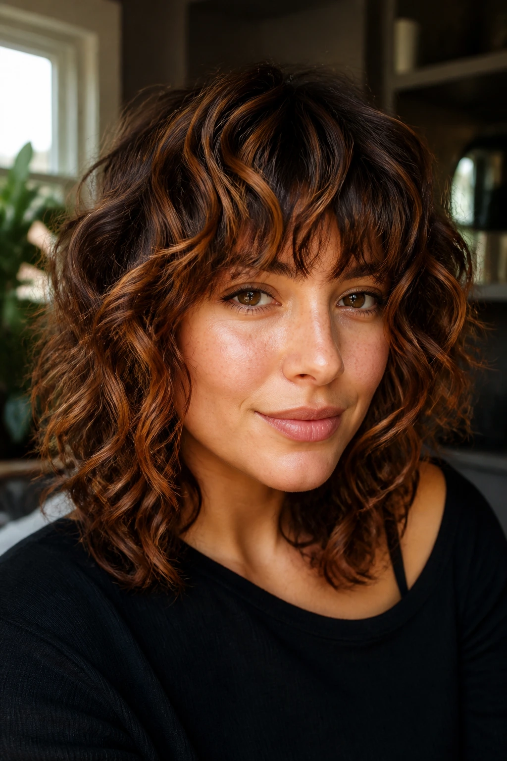 Close-up of a real woman with color ribbon highlights in a curly shag with chunky bangs