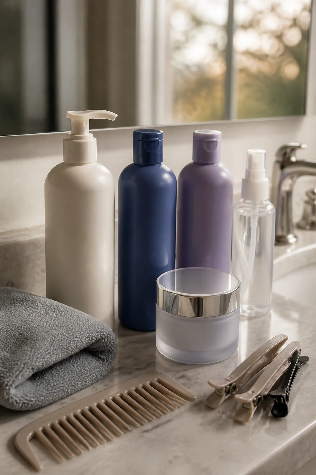 Close-up of unlabeled color-safe hair-care bottles and tools on a bathroom counter, ready to calm color