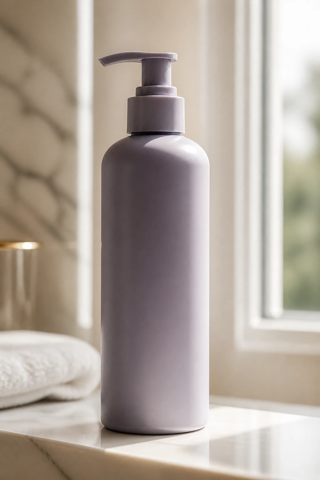 Close-up of a color-safe shampoo bottle on a bathroom shelf
