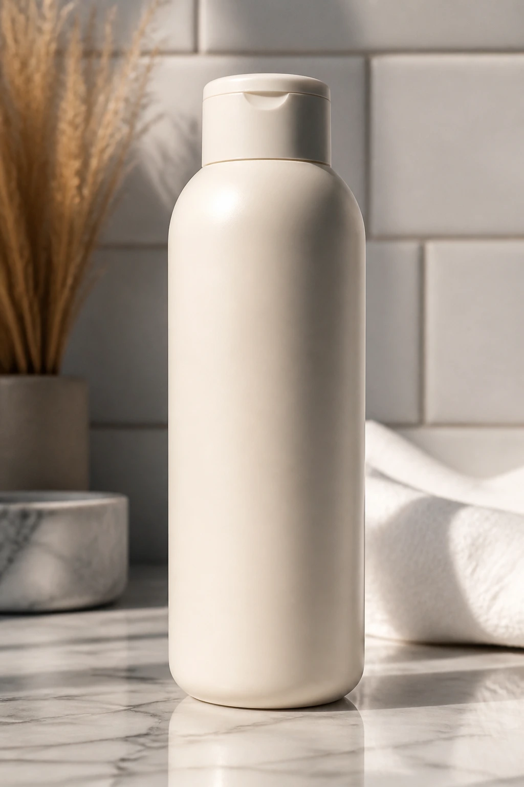 Close-up of a plain color-safe shampoo bottle in a bathroom