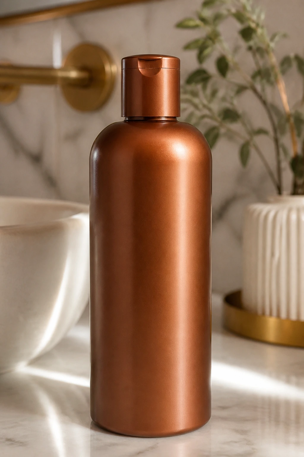 Single bottle of bronze-hair care product on a bathroom counter