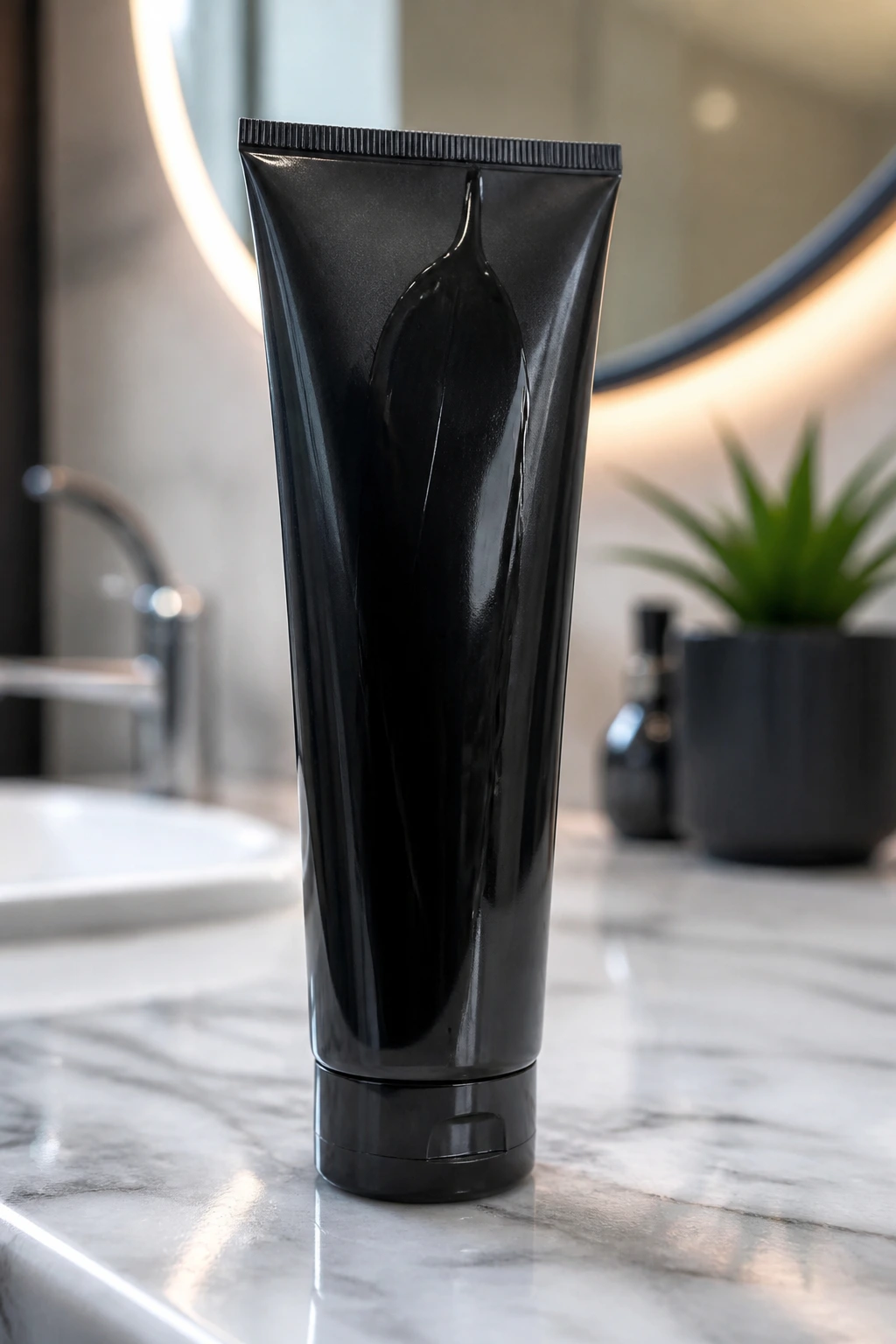 Close-up of a color-depositing conditioner bottle on a bathroom counter