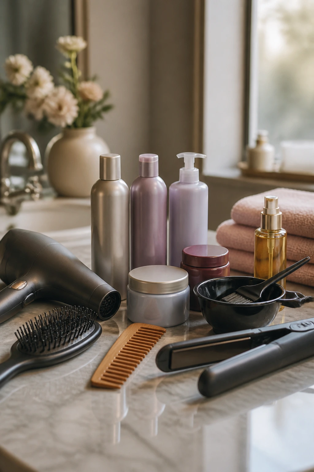 Curated hair care tools and products on a bathroom counter