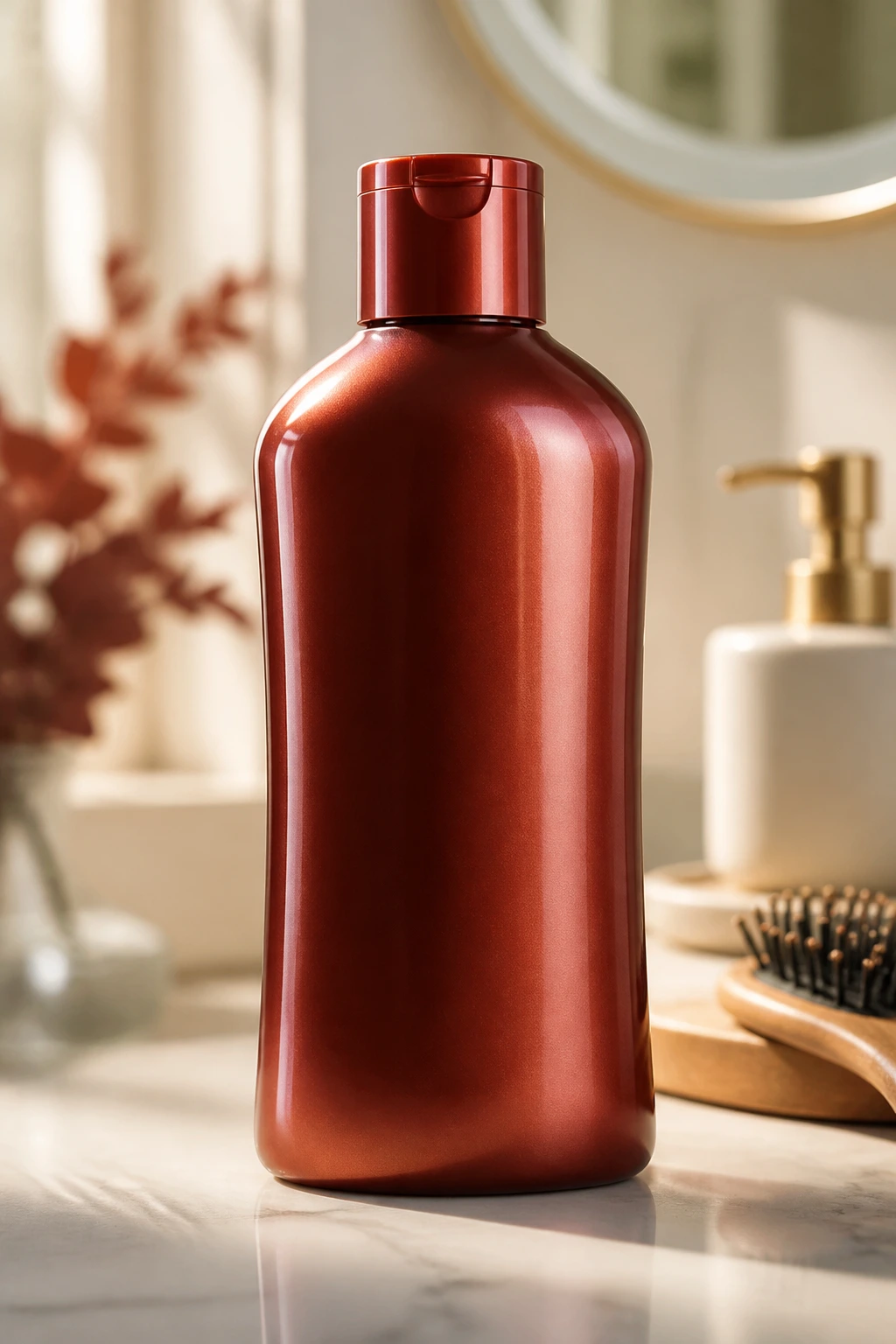 Close-up of color-safe shampoo bottle for red hair on a counter.