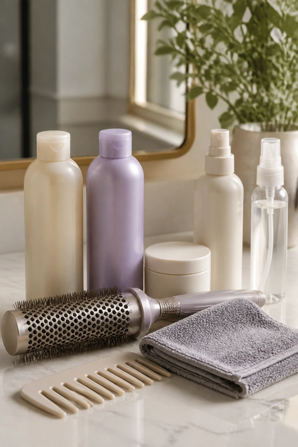 Close-up of key blonde hair care products and tools on a clean salon counter