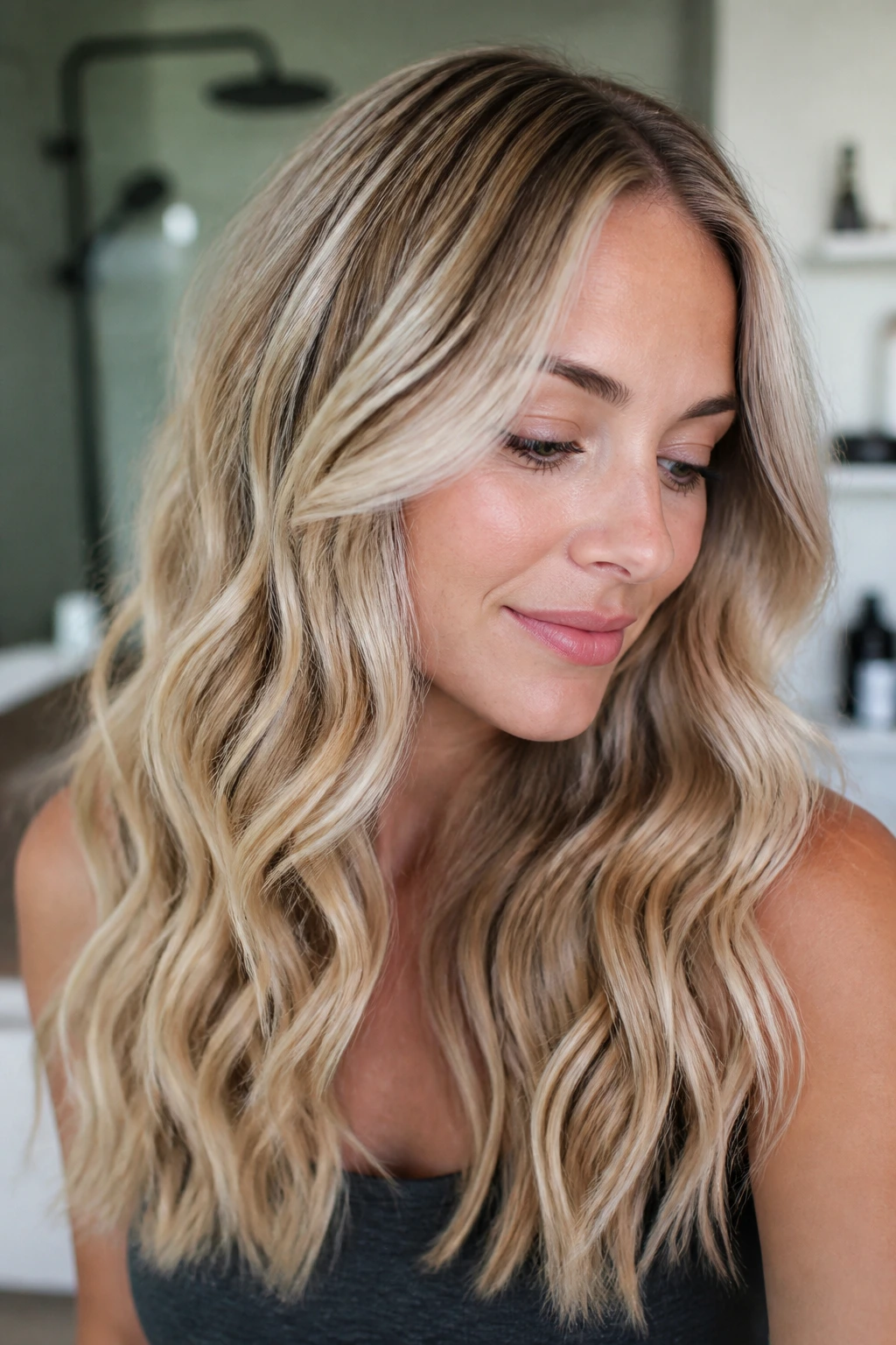 Portrait of a woman with cohesive blonde color and waves