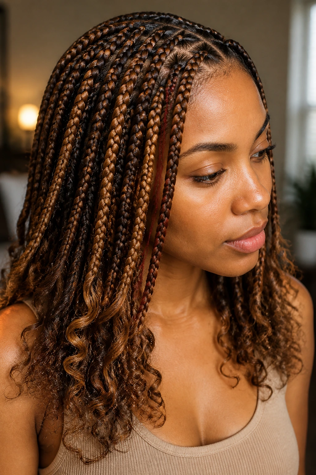 Close-up of color-story box braids in chestnut and honey tones