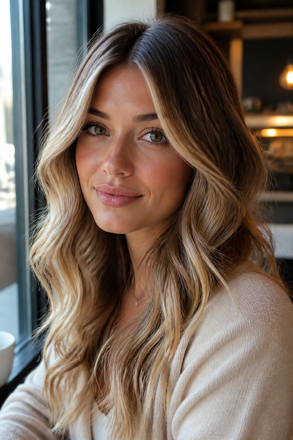 Portrait of a real woman with center-parted, loose-waved hair showing color dimension in natural light.