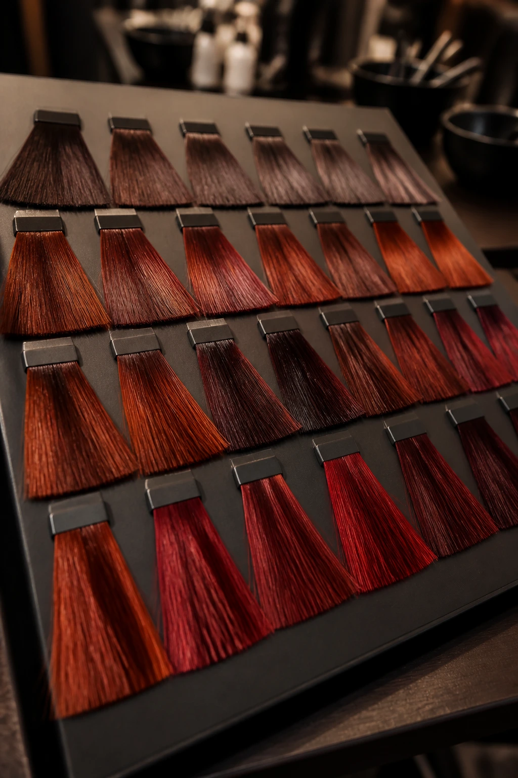Close-up of brunette-to-red color swatches on a salon board