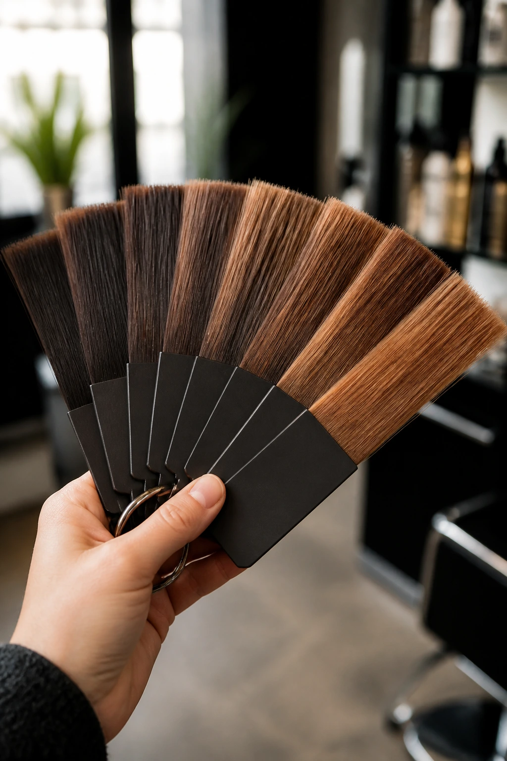 Close-up of warm brown hair color swatches in a salon