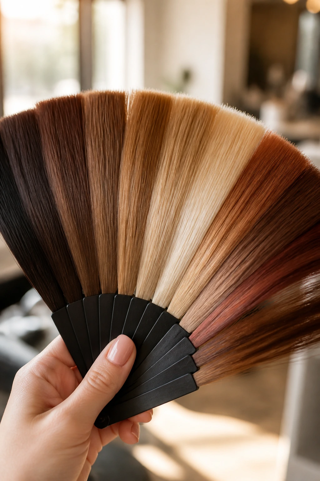 Close-up of a hand with hair color swatches in warm window light