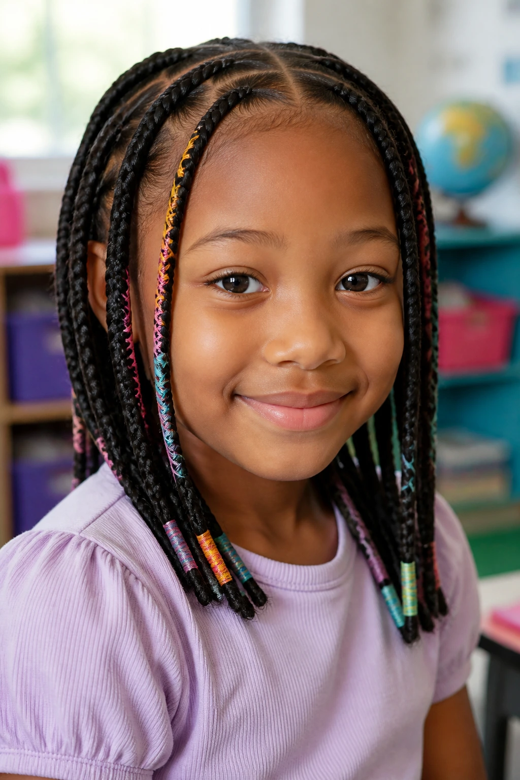 Close-up of a real child with color-thread wrapped braids in a classroom