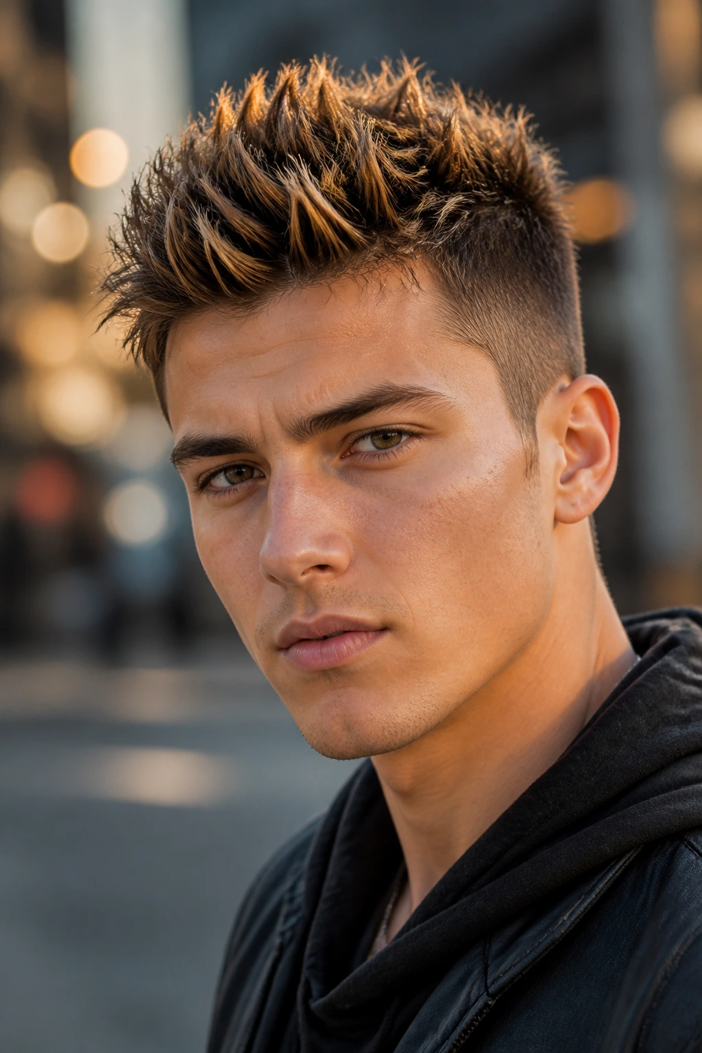 Man with color-tipped spikes in golden hour light