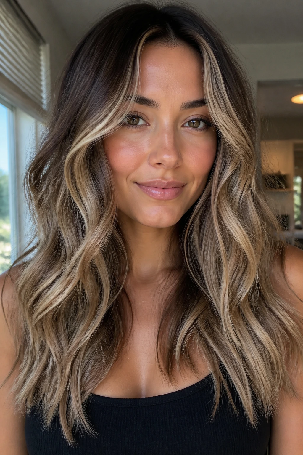Portrait of a real person showing face-framing brightness and mid-length highlights