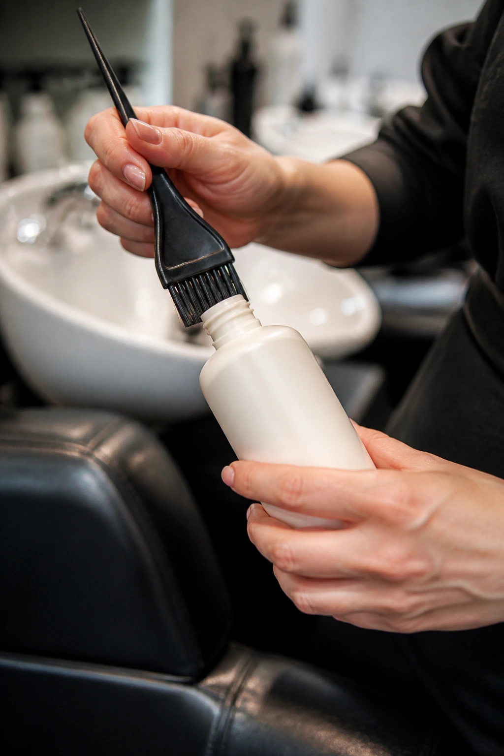 Close-up of a colorist's hands using a brush in a salon environment, no labels visible