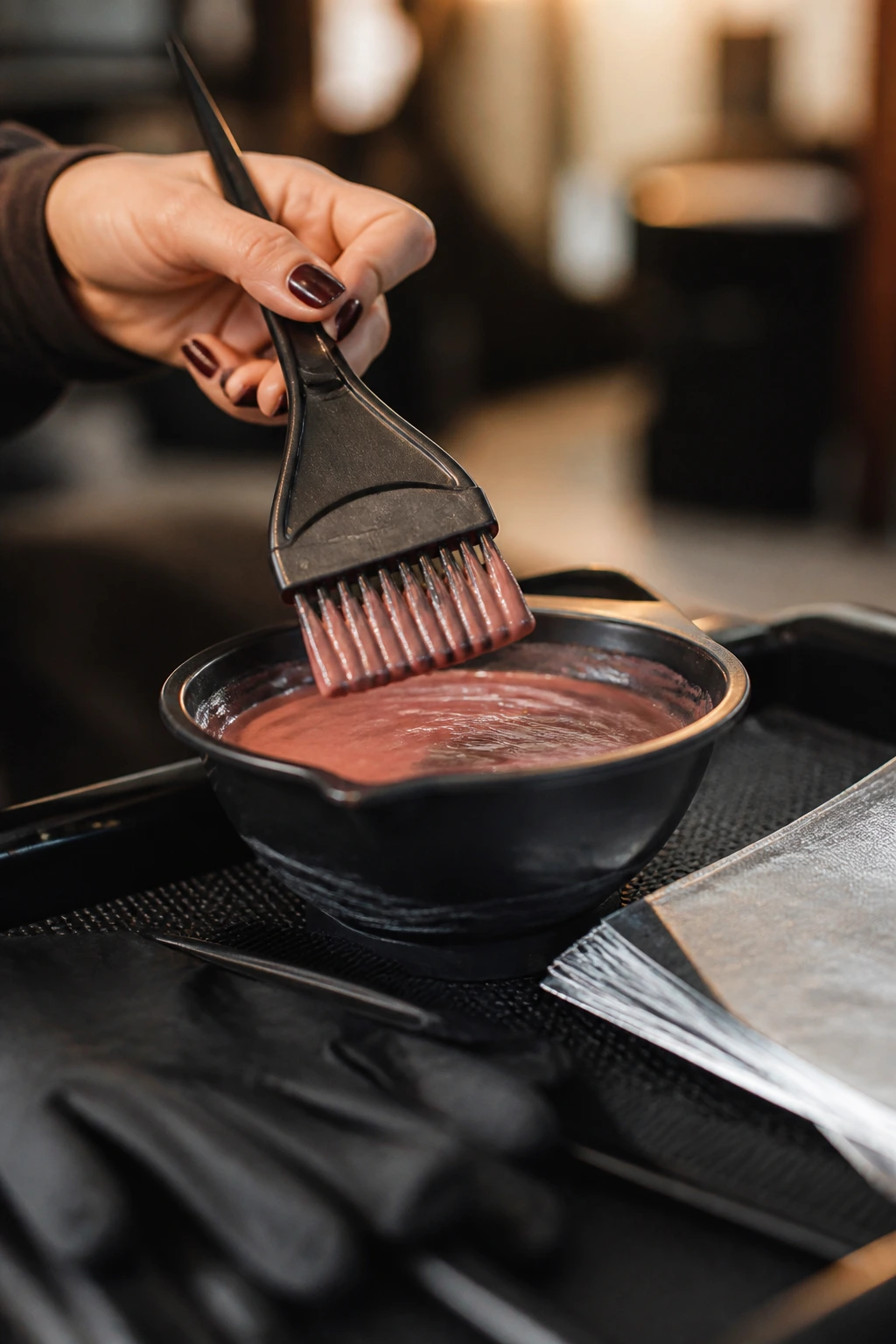 Close-up of hair color tools including brush and bowl