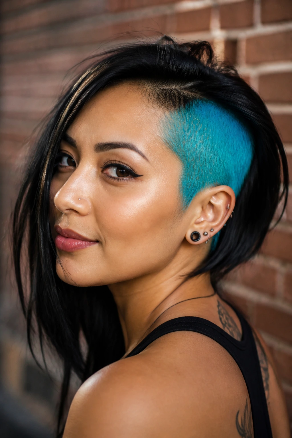 Close-up portrait of a real woman with a bold turquoise panel shaved into her undercut